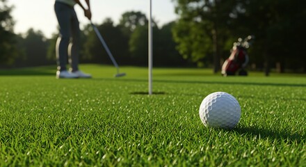 Obraz premium Golfer Putting on Green, Close-up of Golf Ball on Putting Green, Sunny Day Golf Course, Golfing Scene