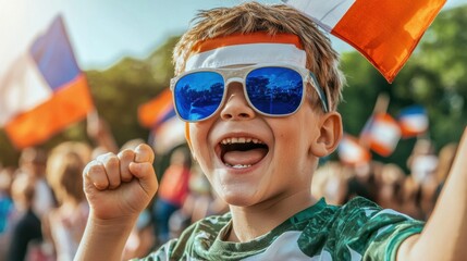 A boy wearing sunglasses and a flag is celebrating.