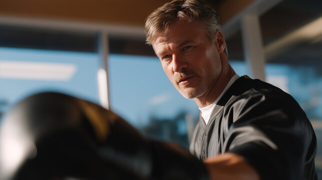 Kickboxing Master Correcting Stance in Gym with Mirrors
