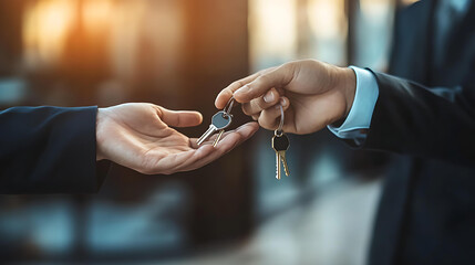 Estate Agent Handing Keys Home Buyer Successful Sale