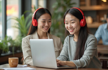 Two young Asian businesswomen work together using laptop, wearing red headphones, listening music, looking, smiling. Office coworkers, friends work indoor in cafe. Hybrid workplace concept.