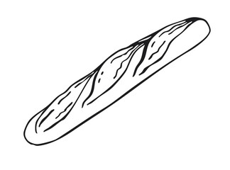 Baguette bread outline drawing. Black and white hand drawn sketch isolated on white background. Bakery and food illustration concept for design and print