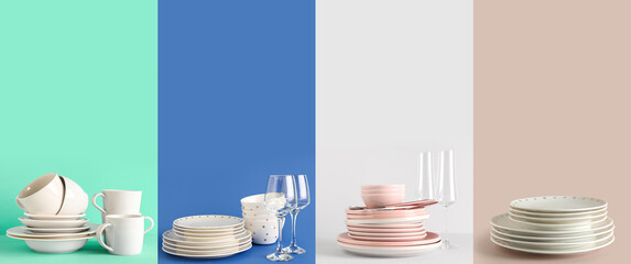 Set of different tableware on color background