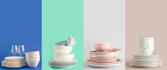Set of different tableware on color background
