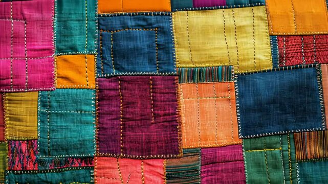 Colorful patchwork quilt with squares of bright stitched fabric in various textures.