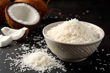 Bowl of freshly grated coconut with scattered shavings and coconut shell in the background