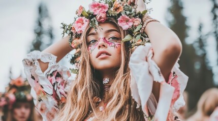 A young woman with a flower crown and painted face stands in a field.