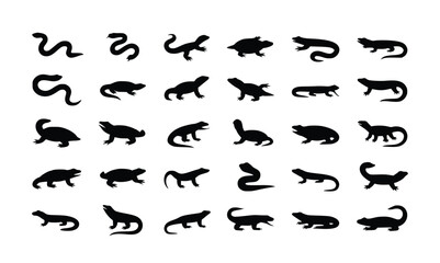 Diverse silhouettes of reptiles displayed showcasing snakes and lizards in varied poses against a clean white background.