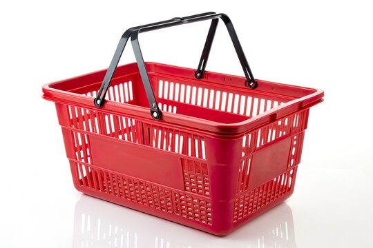 Bright red shopping basket on a clean white background, ideal for retail or grocery use