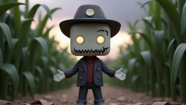 A creepy scarecrow with glowing eyes stands in a field at dawn