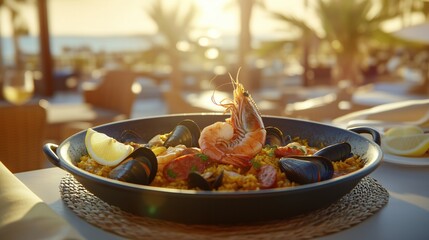 Delicious paella with shrimps and mussels enjoying golden hour at beach restaurant
