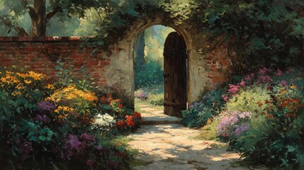 Fototapeta premium Sunlit Garden Path Through Archway