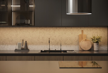 Modern Kitchen with Black Induction Cooktop and Simple Accessories - Front View 3D Rendering Mockup Blurred. Features dark wood cabinets, textured wall, sink, essential kitchen items, quartzite