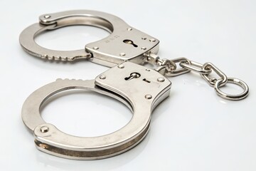Close-up of metallic handcuffs on a reflective surface, symbolizing law enforcement and justice
