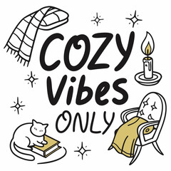 Cozy vibes only cute cat candle chair book