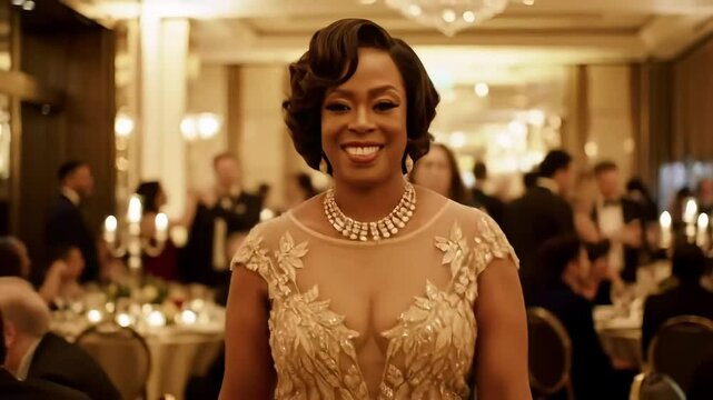 Woman in gold dress smiling at formal event with people in tuxedos and dresses in background