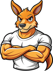 Obraz premium Cartoon muscular kangaroo isolated on white background. Kangaroo bodybuilder shows strong arms, biceps. Side view. Vector illustration, t-shirt design, t-shirt logo