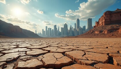 Barren cracked earth desert landscape with modern city skyline, skyscrapers in distance. Climate change ecological disaster concept. Drought parched ground under blue sky. Global warming