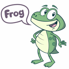 Happy green frog cartoon character saying frog