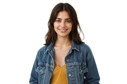 Smiling young woman in a denim jacket and yellow top, exuding confidence and warmth.