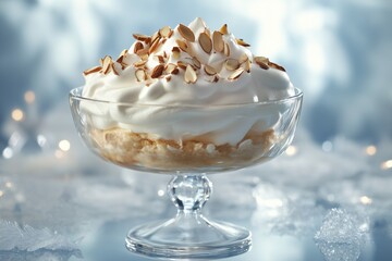 Eton mess dessert garnished with toasted almonds in elegant glass bowl