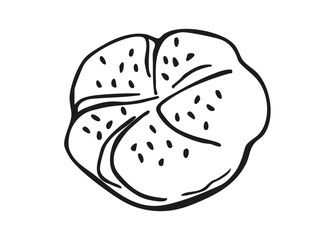 Bread roll with sesame seeds drawn in black outline. Hand-drawn vector sketch illustration isolated on white background. Bakery and food concept. Flat lay composition