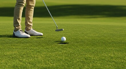 Close-up of Golfer's Legs and Putt on Green, Putting on Golf Course, Putting Green, Golf Ball Near Hole
