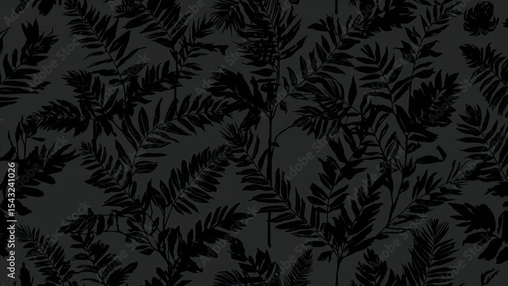 Poster a dark background filled with a dense pattern of various fern and leaf silhouettes in black color
