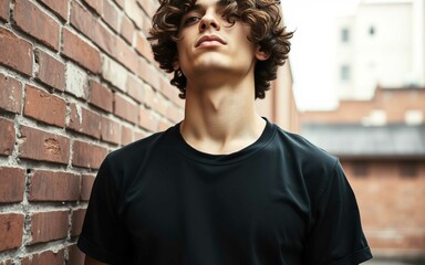 Black T-Shirt Mockup Urban Style, Cropped male upper body with curly hair, shirt sleeves rolled, standing by brick wall, no face shown, high-detail shirt placement for print design