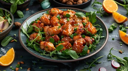 Fototapeta premium The fried chicken to a golden brown and coated in a rich, glossy sauce, likely sweet and savory.