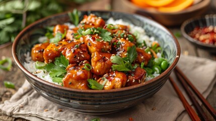 The fried chicken to a golden brown and coated in a rich, glossy sauce, likely sweet and savory.