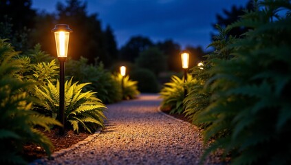Obraz premium Illuminated garden path at night with lights and plants creating warm ambiance