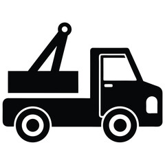 Simple black and white tow truck icon illustrating roadside assistance and transportation services
