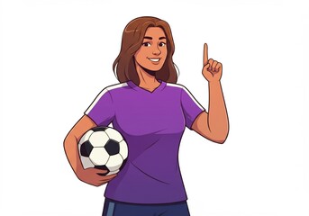Confident Female Soccer Player Holding Ball and Pointing Up in Purple Jersey.