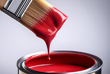 A close-up view of a paintbrush dipped in vibrant red paint, ready for a fresh coat of color.