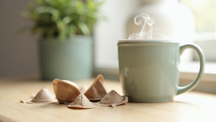 Steaming hot drink in a mug with fortune cookies on a table
