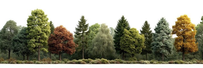 Tree line with multiple heights and colors, photoreal forest composition isolated on a Transparent background, PNG file.