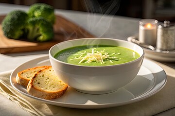 Freshly made broccoli soup served in a white bowl with toasted bread and steam rising