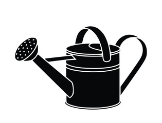 Watering can illustration in black and white depicts gardening and plant care, ideal for agricultural, floral, and landscaping themes, silhouette