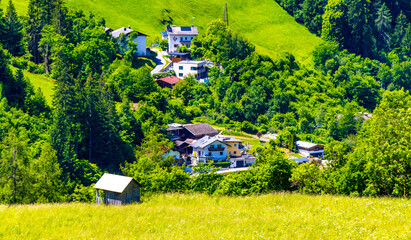 Austria alpine mountain landscape panorama Nesselgarten village.