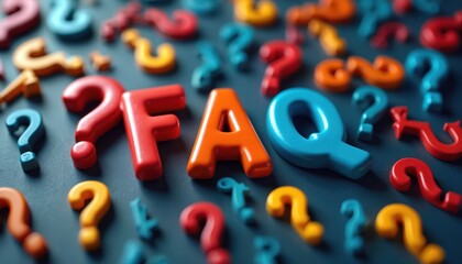 FAQ text surrounded by colorful question marks. Minimalist design with vivid colors. Question mark symbols and letters for customer support frequently asked questions or information.