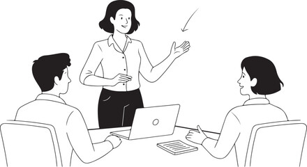  team leader presenting in office meeting line drawing style
