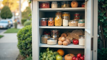 Outdoor community pantry offering free food and groceries for neighborhood sharing