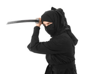 Male ninja with sword isolated on white