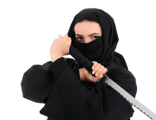 Female ninja with sword on white background