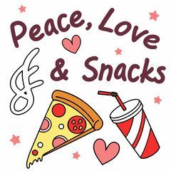 Peace love snacks pizza soda graphic design element