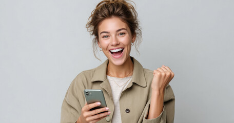 excited woman holding smartphone
