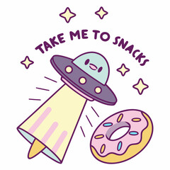 Cute ufo abducting donut snack time illustration