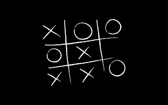 Hand-drawn tic-tac-toe game with chalk X and O grid on a black background. Simple doodle crayon sketch. 