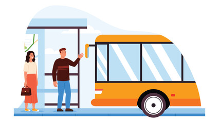 Vector illustration of a modern public bus stop. Cartoon scene: a guy waving, a girl with a handbag standing at a bus stop, a yellow trolleybus, a transport schedule isolated on a white background.